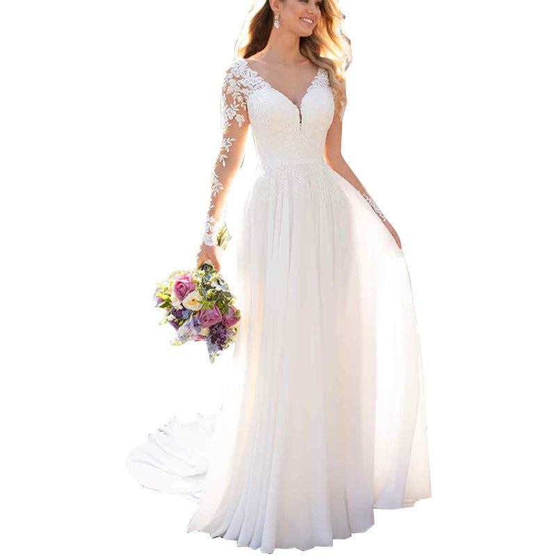 Sexy Backless Deep V-neck Wedding Dress Women White Evening Dress EHAD +