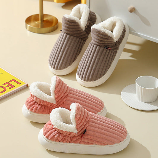 Winter Plush Home Shoes Fashion Solid Color Stripes Floor Bedroom Slippers Indoor Outdoor Garden Shoes For Women Men Couples EHAD +