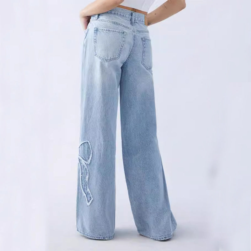 Women's Straight Trousers Embroidered Side Frayed Butterfly Jeans Street Design Hot Girl Baggy Pants EHAD +