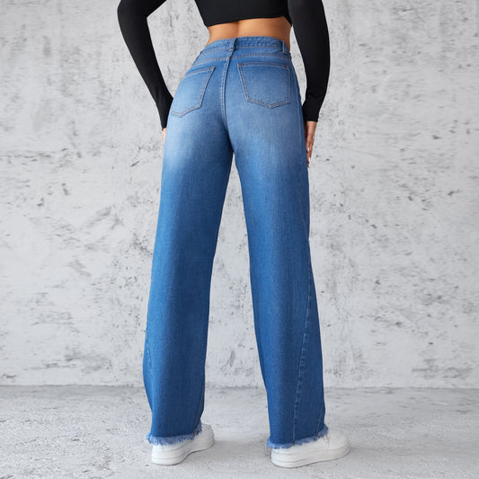 Fashion Straight Wide-leg Jeans Casual High-waist Non-elastic Womens Clothing EHAD +