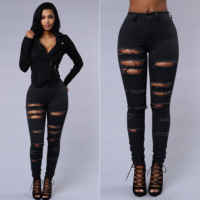 Ripped Jeans Women Skinny Trousers Casual High Waist Pencil Pants EHAD +
