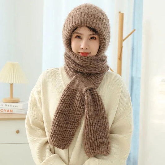 Women's Fleece-lined Scarf And Hat Winter Warm Knitted Hat Scarf EHAD +