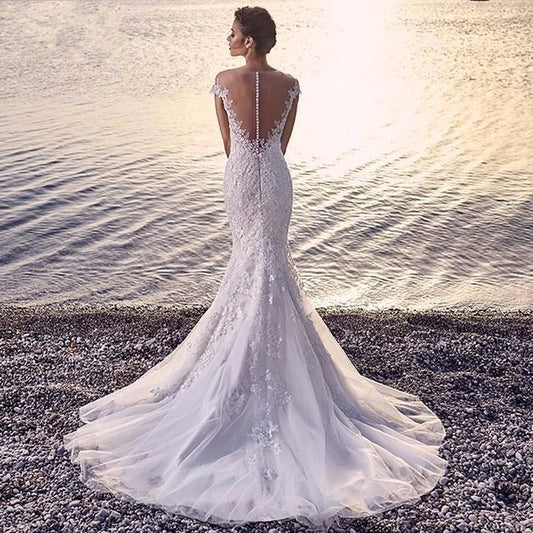 Princess Bride Mermaid Wedding Dress White Trailing Perspective Backless Lace Wedding Dress EHAD +