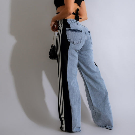 2024 Fashion Casual High Waist Elastic Straight Leg Trousers Three Stripe Patchwork Denim Wide Leg Pants Streetwear EHAD +