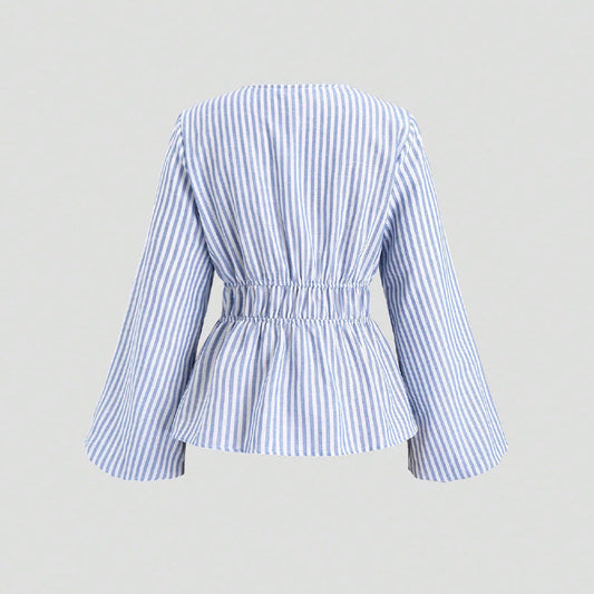 European And American Style Striped Long-sleeve Tie-waist Women's Shirt EHAD +