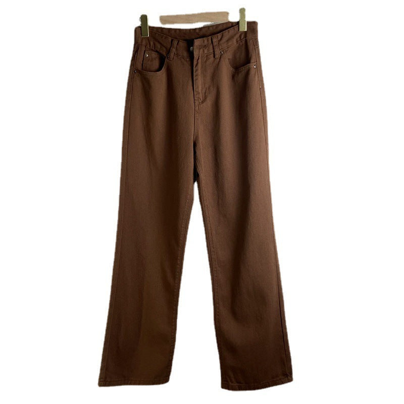Brown Jeans Retro American Solid Color Looks Thin EHAD +