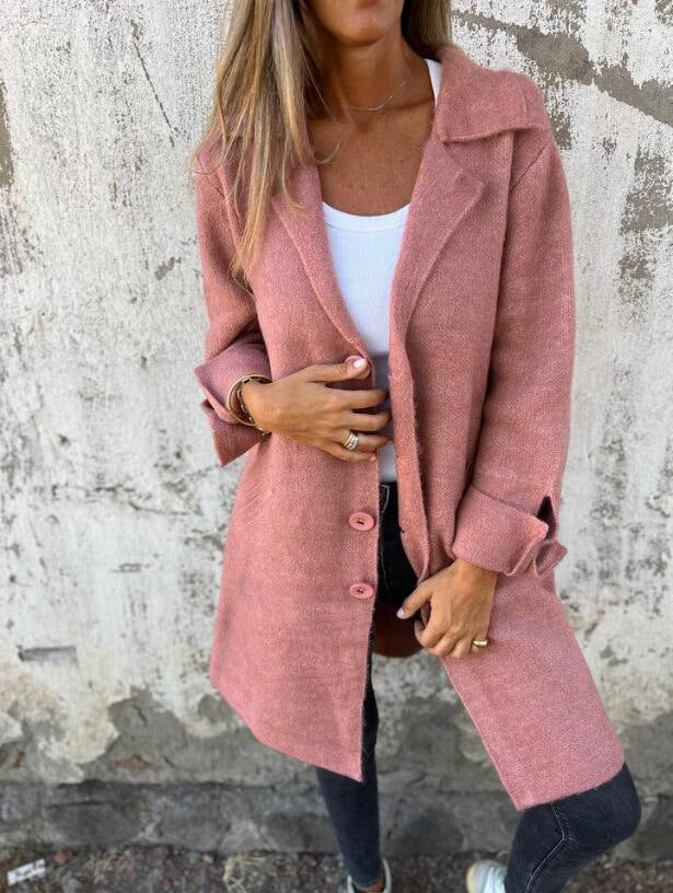 Lapel Single Breasted Cardigan With Pockets Fashion Color Solid Mid-Length Outwear Coat Womens Clothing EHAD +
