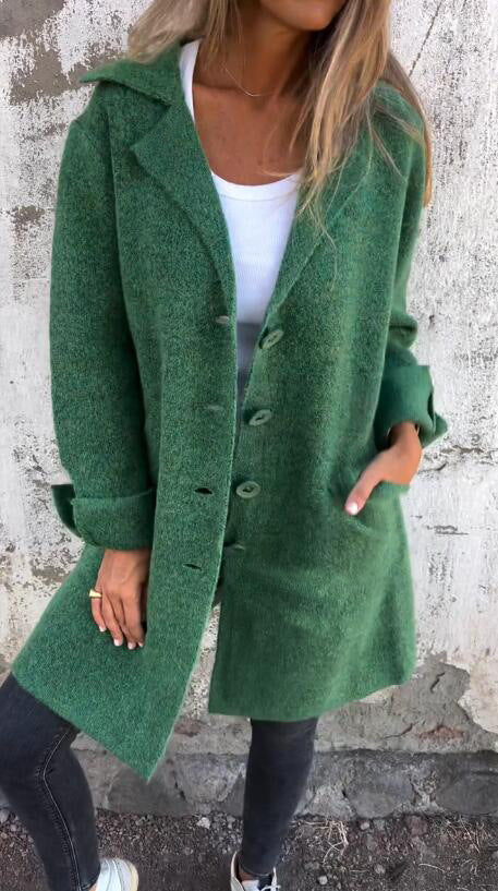 Lapel Single Breasted Cardigan With Pockets Fashion Color Solid Mid-Length Outwear Coat Womens Clothing EHAD +