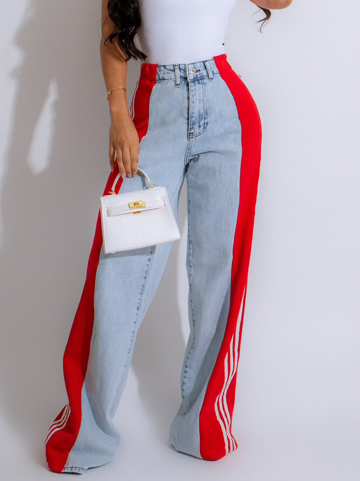 2024 Fashion Casual High Waist Elastic Straight Leg Trousers Three Stripe Patchwork Denim Wide Leg Pants Streetwear EHAD +