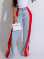 2024 Fashion Casual High Waist Elastic Straight Leg Trousers Three Stripe Patchwork Denim Wide Leg Pants Streetwear EHAD +