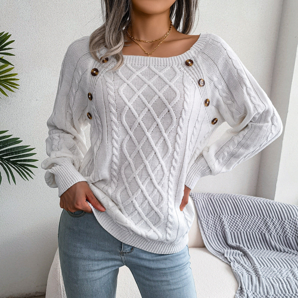 Square Neck Knitted Sweater With Button Design Winter Warm Long Sleeve Tops Women's Clothing EHAD +