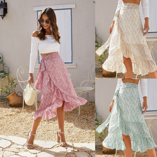 Woman Skirts High Waist Fashion Long Black Knotted Tied Wrap Floral Ruffle Chiffon A-Line Split Skirt Spring Summer Clothes EHAD +