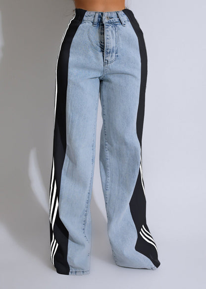 2024 Fashion Casual High Waist Elastic Straight Leg Trousers Three Stripe Patchwork Denim Wide Leg Pants Streetwear EHAD +