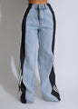 2024 Fashion Casual High Waist Elastic Straight Leg Trousers Three Stripe Patchwork Denim Wide Leg Pants Streetwear EHAD +