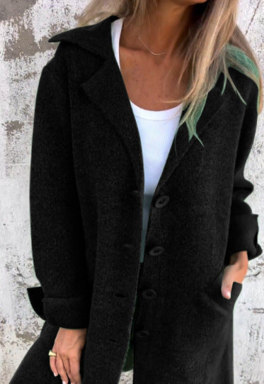 Lapel Single Breasted Cardigan With Pockets Fashion Color Solid Mid-Length Outwear Coat Womens Clothing EHAD +