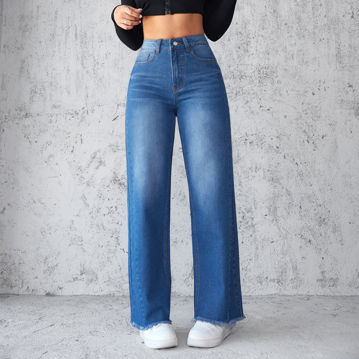 Fashion Straight Wide-leg Jeans Casual High-waist Non-elastic Womens Clothing EHAD +