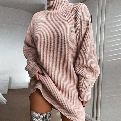 Solid Turtleneck Long Sweater Winter Warm Women Sweater Dress EHAD +