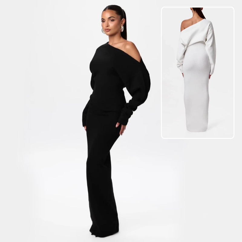 Ins Slim Long Sleeve Knitted Dress Evening Party Sexy Off-shoulder Bodycon Long Dresses EHAD +