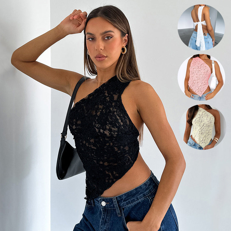 Ins Lace Backless Top Summer Solid Color Waistless Asymmetrical Sloped Neck Vest Streetwear Womens Clothes EHAD +