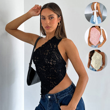 Ins Lace Backless Top Summer Solid Color Waistless Asymmetrical Sloped Neck Vest Streetwear Womens Clothes EHAD +