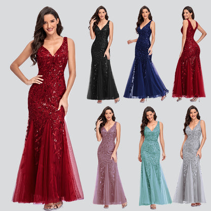 Sexy Long Dress Sleeveless V-neck Embroidered Sequin Slim Mermaid Dress EHAD +