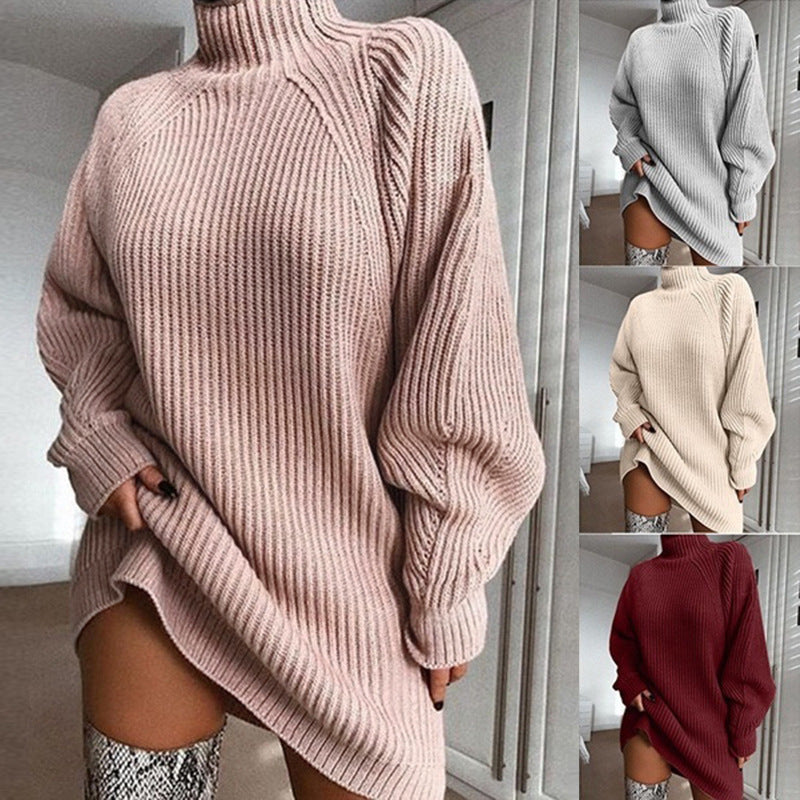 Solid Turtleneck Long Sweater Winter Warm Women Sweater Dress EHAD +