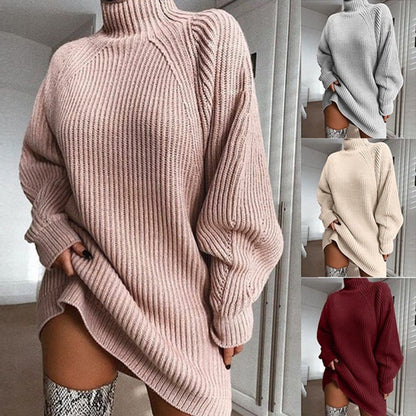 Solid Turtleneck Long Sweater Winter Warm Women Sweater Dress EHAD +