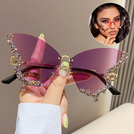Luxury Diamond Butterfly Sunglasses Women Brand Y2K Vintage Rimless Oversized Sun Glasses Ladies Eyewear Shades EHAD +