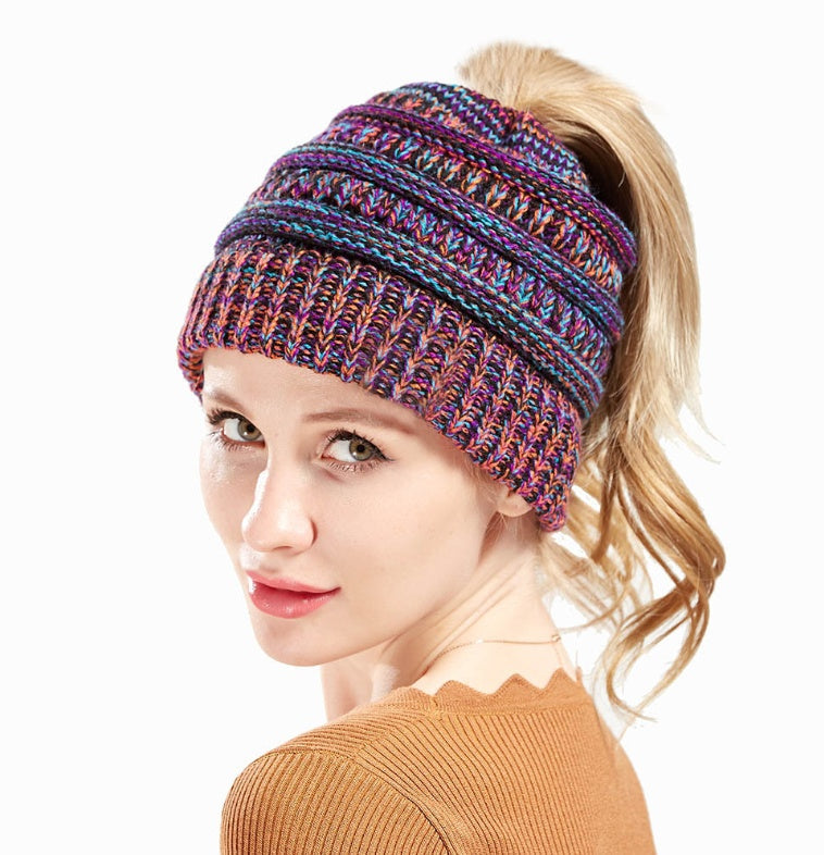 Mixed Color Knitted Wool Hat Ladies Non-labeled Ponytail Hat EHAD +