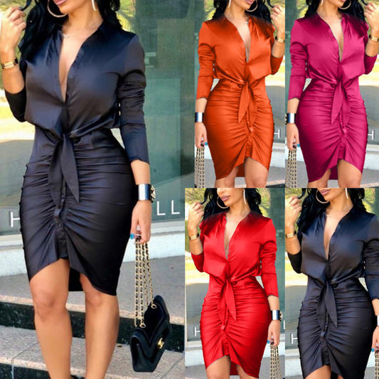 Women Lace-up Solid Color Long Sleeve Midi Dress Shirt Dress Elegant Fashion Party Dress EHAD +