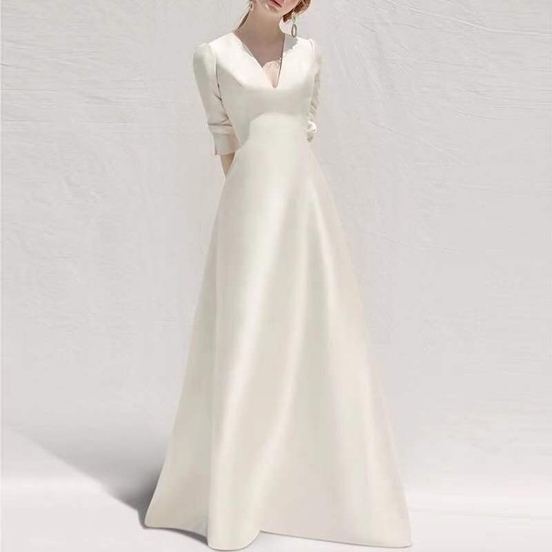 Ladies Style White Dress Satin Surface Was Thin And High French Temperament Dress Long Skirt EHAD +