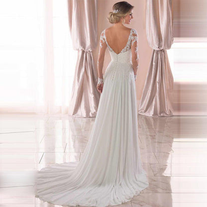 Sexy Backless Deep V-neck Wedding Dress Women White Evening Dress EHAD +