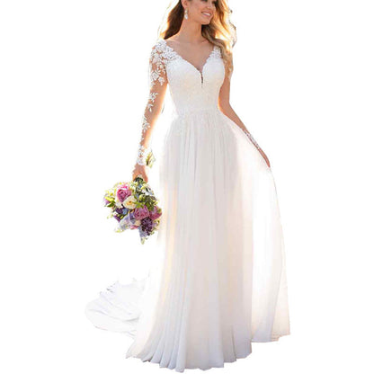 Sexy Backless Deep V-neck Wedding Dress Women White Evening Dress EHAD +