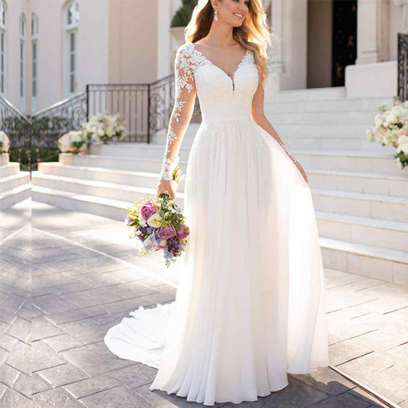 Sexy Backless Deep V-neck Wedding Dress Women White Evening Dress EHAD +