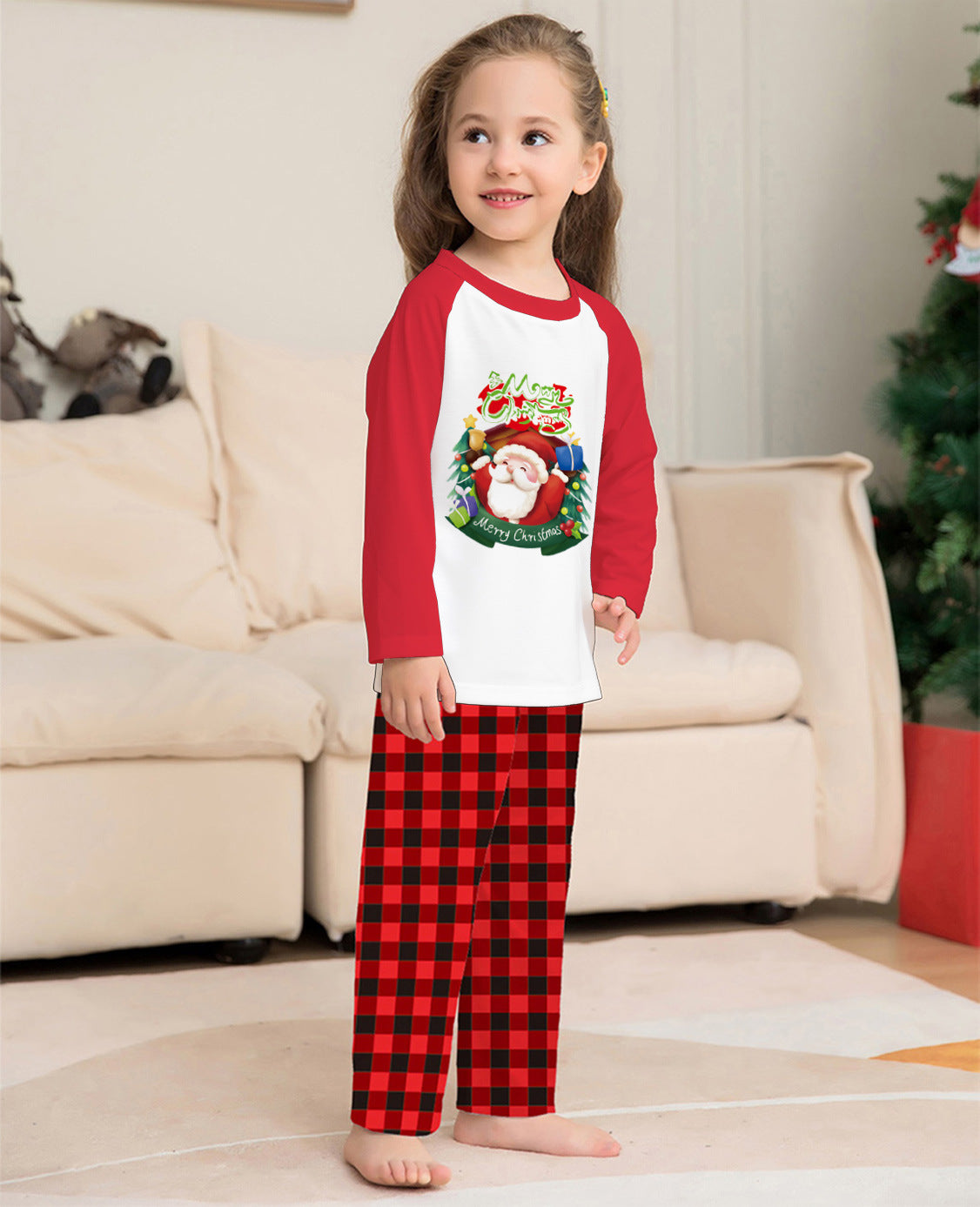 Christmas Parent-Child Clothes Set Long Sleeve T-Shirt Plaid Pants Family Matching Pajamas EHAD +