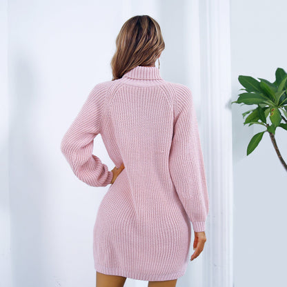 Winter Turtleneck Long Sweater Dress With Button Design Leisure Clinch Long Sleeve Base Sweater Women EHAD +