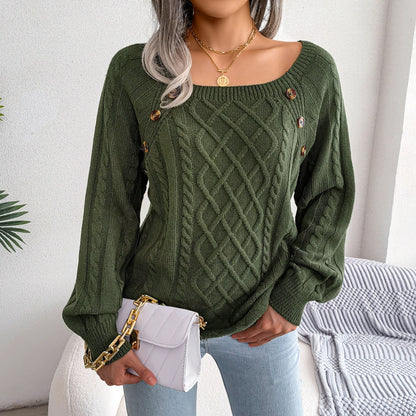 Square Neck Knitted Sweater With Button Design Winter Warm Long Sleeve Tops Women's Clothing EHAD +