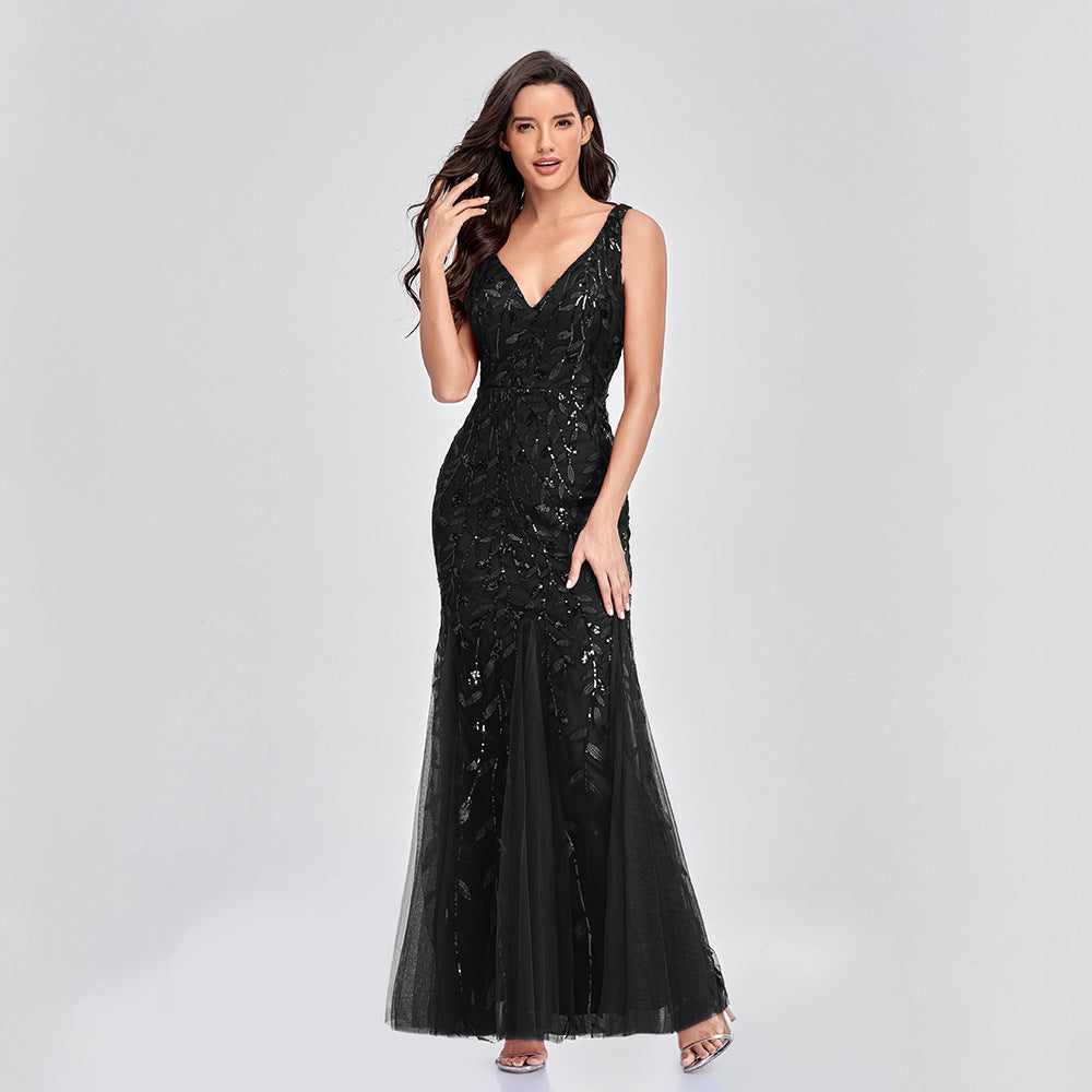 Sexy Long Dress Sleeveless V-neck Embroidered Sequin Slim Mermaid Dress EHAD +