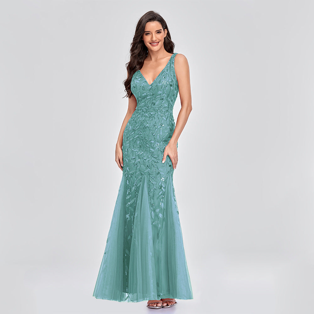 Sexy Long Dress Sleeveless V-neck Embroidered Sequin Slim Mermaid Dress EHAD +