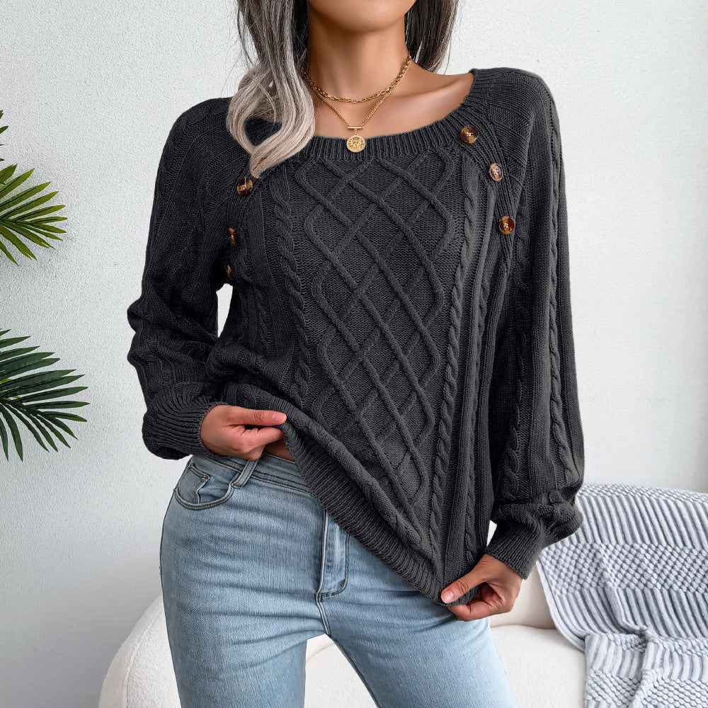 Square Neck Knitted Sweater With Button Design Winter Warm Long Sleeve Tops Women's Clothing EHAD +