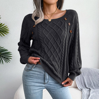 Square Neck Knitted Sweater With Button Design Winter Warm Long Sleeve Tops Women's Clothing EHAD +