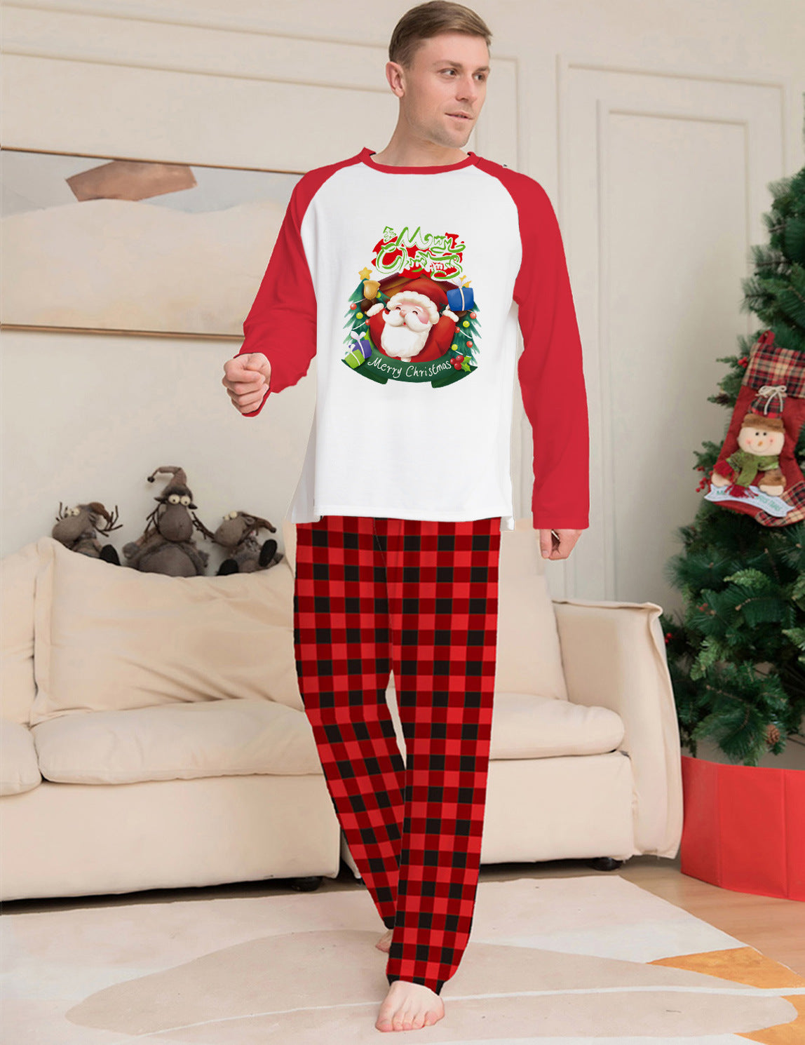 Christmas Parent-Child Clothes Set Long Sleeve T-Shirt Plaid Pants Family Matching Pajamas EHAD +