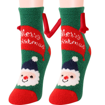 Christmas Supplies Magnetic Suction Hand In Hand Couple Socks Coral Fleece Tube Socks Warm Slipper Bed Socks Winter Soft Warm Slipper EHAD +