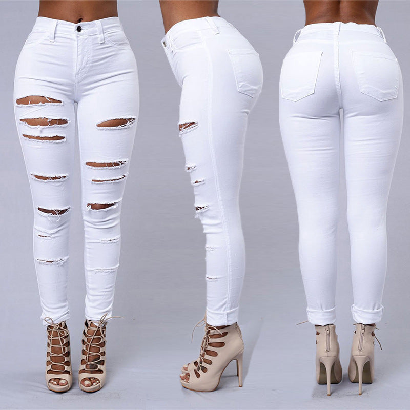 Ripped Jeans Women Skinny Trousers Casual High Waist Pencil Pants EHAD +