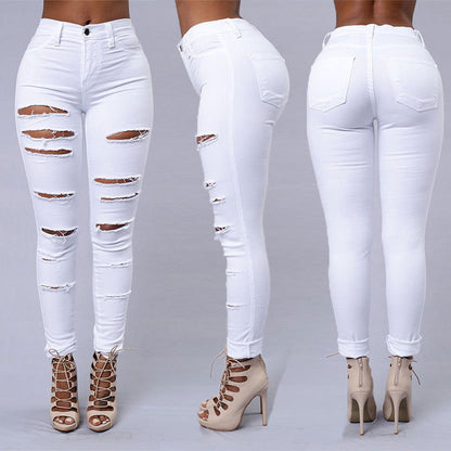 Ripped Jeans Women Skinny Trousers Casual High Waist Pencil Pants EHAD +