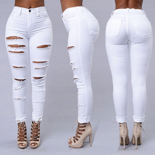 Ripped Jeans Women Skinny Trousers Casual High Waist Pencil Pants EHAD +