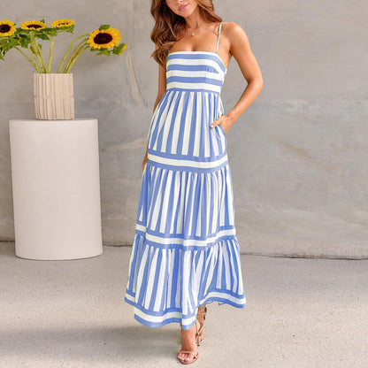 Summer Striped Printed Suspender Long Dress With Pockets Fashion Square Neck Backless Dresses For Beach Vacation Women Clothing EHAD +