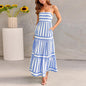 Summer Striped Printed Suspender Long Dress With Pockets Fashion Square Neck Backless Dresses For Beach Vacation Women Clothing EHAD +