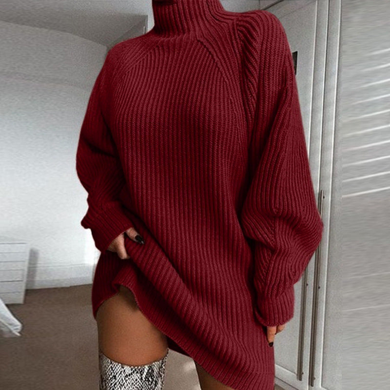 Solid Turtleneck Long Sweater Winter Warm Women Sweater Dress EHAD +