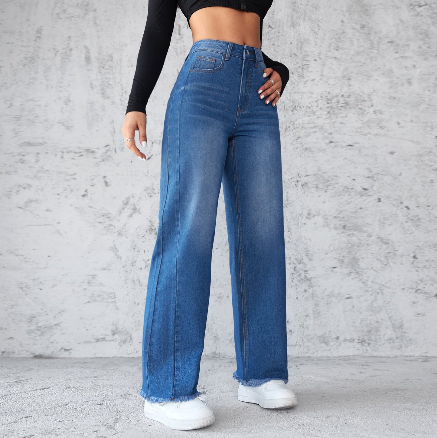 Fashion Straight Wide-leg Jeans Casual High-waist Non-elastic Womens Clothing EHAD +
